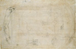 Tutkimus miehen käsivarresta ja joitakin arkkitehtonisia luonnoksia, c1490-1560 tekijältä Michelangelo Buonarroti