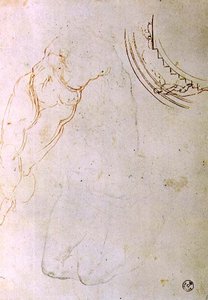Tutkimus makaavasta hahmosta, jonka jalat on ristissä, ja malli lunettelle, jossa hahmo kiinnittää portaikkoon (kynä ja muste, liitu ja hiili paperille) tekijältä Michelangelo Buonarroti