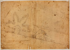 Toisella kädellä tehty hahmon tutkimus ja käsin kirjoitettu merkintä. tekijältä Michelangelo Buonarroti