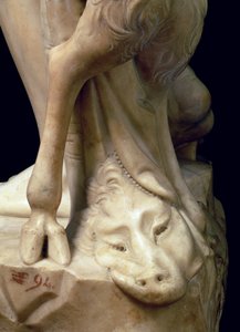 Bacchuksen juoppous, yksityiskohta pantterin päästä, Michelangelo Buonarrottin veistos 1475-1564, 1496-97, marmori yksityiskohta 52672