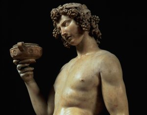 Bacchuksen humalassa, yksityiskohta hänen päästään, Michelangelo Buonarrottin veistos 1475-1564, 1496-97 marmorinen yksityiskohta 52672:sta.