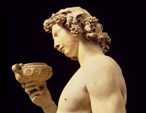 Bacchuksen humalassa, yksityiskohta hänen päästään, Michelangelo Buonarrottin veistos 1475-1564, 1496-97 marmorinen yksityiskohta 52672:sta.