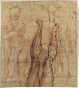 Ylösnoussut Kristus, kolme neljäsosaa pitkä alaston, joka on piirretty jalan ja jalkaterän tutkimusten päälle tekijältä Michelangelo Buonarroti