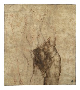 Ylösnoussut Kristus, kolme neljäsosaa pitkä alaston, joka katsoo alas oikealle tekijältä Michelangelo Buonarroti