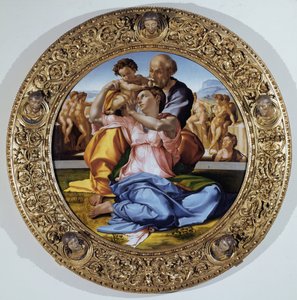 Tondo Doni: Pyhä perhe Pyhän Johannes Kastajan lapsen kanssa - öljy paneelille tekijältä Michelangelo Buonarroti