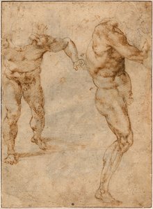 Kaksi alastontutkimusta miehestä, joka hyökkää eteenpäin ja toinen kääntyy oikealle, c. 1504 tekijältä Michelangelo Buonarroti