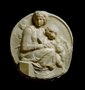Neitsyt ja lapsi Pyhän Johannes Kastajan lapsen Madonna Pittin tai Tondo Pitin kanssa. Michelangelo Buonarrotin kohokuvioidut marmoriset sukat tekijältä Michelangelo Buonarroti