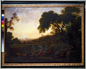 Maisema, jossa on silta, talonpoikia, lehmiä ja vuohia (kangas) tekijältä Michelangelo Cerquozzi