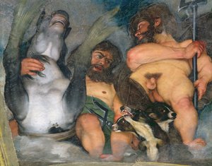 Allegoria elementeistä, maailmankaikkeudesta ja eläinradan merkeistä, yksityiskohta Neptunuksesta ja Tritonista sekä kolmipäisestä koirasta Kerberoksesta, 1597 öljy kipsille, yksityiskohta 107109:stä.