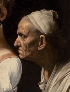 Yksityiskohta palvelijasta Judith ja Holofernes, 1599 tekijältä Michelangelo Merisi Caravaggio