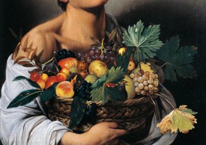 Poika hedelmäkorin kanssa, yksityiskohta tekijältä Michelangelo Merisi da Caravaggio