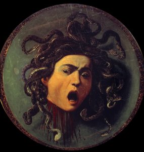 Meduse johtaja. Maalaus kankaalla peitetyn kilven kääntöpuolelle. Symboli järjen voitosta aisteista viittaa Perseen ja Medusen (Gorgona) myyttiin. Michelangelo Merisin maalaus Caravaggio tai il Caravaggio (1571-1610) tekijältä Michelangelo Merisi da Caravaggio