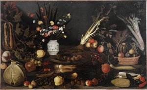 Asetelma kukilla ja hedelmillä - öljy kankaalle n. 1590 tekijältä Michelangelo Merisi da Caravaggio