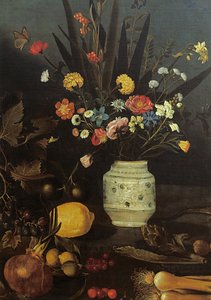 Asetelma kukilla ja kasveilla (öljy kankaalle) (624933:n yksityiskohta) tekijältä Michelangelo Merisi da Caravaggio