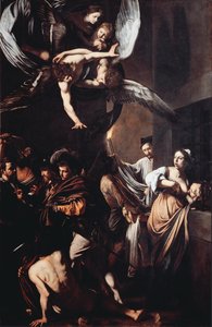 Misericorden seitsemän teosta (Sette opere di misericordia). Cimon tuomitsee nälkään vankilassa ruokkii tyttärensä Peron (Roman Charity) rintaa ja taustalla mies kantaa liekeissä olevaa soihtua vetääkseen ulos ruumiista. Yläosassa neitsyellä on t tekijältä Michelangelo Merisi da Caravaggio