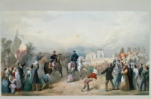 Sardinian kuninkaan Vittorio Emanuele II:n ja Napoleon III:n riemuvoitto Milanossa 8. kesäkuuta 1859 (akvarelli tekijältä Michele Bisi