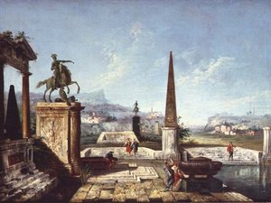 Klassisten monumenttien capriccio, obeliski sotilaiden kanssa altaan äärellä ja vuoria sen takana (öljy kankaalle) tekijältä Michele Marieschi