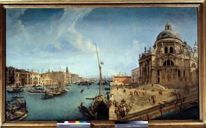 Näkymä Grand Canalin sisäänkäynnille ja Venetsian Salute-kirkolle Michele Marieschin (1710-1741) maalaus 1700-luvun su. 1,25x2,13 m tekijältä Michele Marieschi