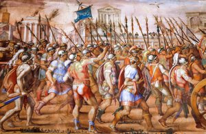 Konsuli Lucius Aemilius Pauluksen voitto Makedonian kuninkaan Perseuksesta (yksityiskohta), noin 1570 (fresko) tekijältä Michele and Rocchetti Jacopo Alberti