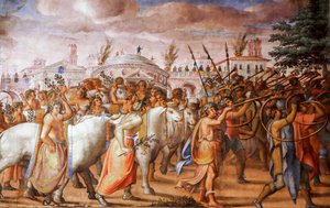 Konsuli Lucius Aemilius Pauluksen voitto Makedonian kuninkaan Perseuksesta (yksityiskohta), noin 1570 (fresko) tekijältä Michele and Rocchetti Jacopo Alberti