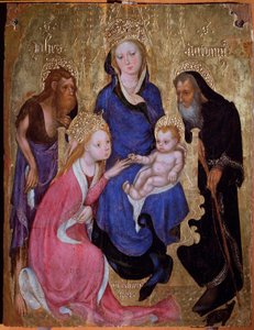 Pyhän Katariinan mystinen avioliitto pyhien Johannes Kastajan ja Anthony Egyptilaisen kanssa - Maalaus, noin 1420 tekijältä Michelino Molinari da (attr. to) Besozzo