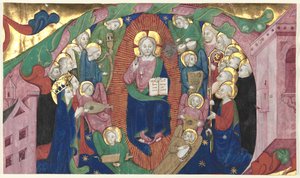 Katkelma historioidusta nimikirjaimesta kuorokirjasta: Kristus Majesteetissa, n. 1400. tekijältä Michelino Molinari da Besozzo