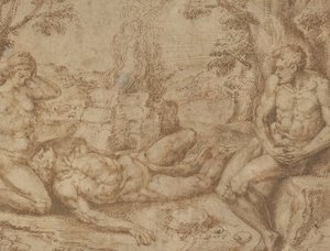 Adam ja Eeva surevat Abelin kuolemaa, n. 1576. tekijältä Michiel Coxie