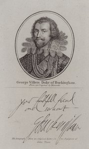 George Villiers Buckinghamin herttua, englantilainen hoviherra, poliitikko ja kuningas James I:n suosikki (kaiverrus) tekijältä Michiel Janszoon van (after) Miereveldt