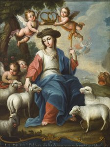 Jumalallinen paimentar (La divina pastora), n. 1760 (öljy kuparilla, kilpikonnankuorella ja luurungolla)