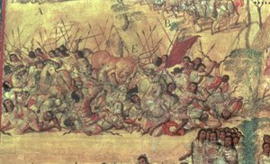 Taistelu Cholulan kaupungissa espanjalaisten ja intiaanien välillä lokakuussa 1519