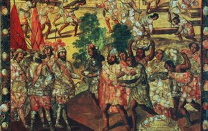 Yksityiskohta Hernan Cortesista (1485-1547), joka saapuu Cempoaliin ja vastaanottaa päällikkö Gordo (Quauhtlaebana), joka antaa lihaa ja lahjoja kaikille espanjalaisille