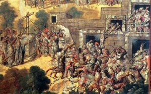 Yksityiskohta ristin kaatoyrityksestä epäjumalia päin ja kivenheitto ja nuolien laukaus Montezumaa vastaan (1466-1520) 1698 (öljy paneelissa)