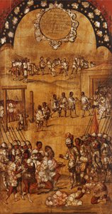 Meksikon valloitus, paneeli III, n. 1696-1715 (maali puulle) tekijältä Miguel Gonzalez