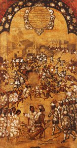 Meksikon valloitus, paneeli V, n. 1696-1715 (maali puulle) tekijältä Miguel Gonzalez