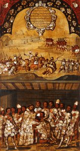 Meksikon valloitus, paneeli XIX, n. 1696-1715 (maali puulle) tekijältä Miguel Gonzalez