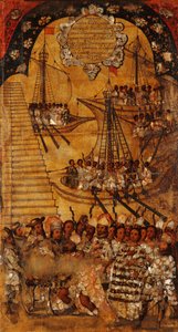 Meksikon valloitus, paneeli XXIV, n. 1696-1715 (maali puulle) tekijältä Miguel Gonzalez