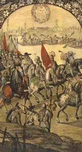 Hernan (ou Hernando) Cortes tai Fernand Cortez (1485-1547) ja suite saapunut au tenochtitlan (Meksiko) - Hernan Cortesin, Miguelin ja Juanin Meksikon valloitus (aktiivinen 1600-luvun loppu). Öljy puulle, koko: 97x53