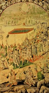 Yksi paneeliparista, joka kuvaa Hernando Cortesin (1485-1547) ja Montezuman (1466-1520) kohtaamista: Montezuma ja hänen seuraajansa, 1698