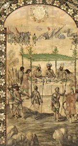 Määrää laivojen tuhoamisen ja tapaa Montezuman suurlähettiläiden (Moctezuma, Moteuczoma, Motecuhzoma) (1466-1520) kanssa vuonna 1520 - Hernan Cortes par Gonzalezin, Miguelin ja Juanin Meksikon valloitus (aktiivinen 17. s. .). Öljy puulle, koko: