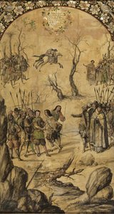 Hernan Cortes par Gonzalezin, Miguelin ja Juanin Meksikon valloitus (aktiivinen 1600-luvun loppu). Öljy puulle, koko: 97x53