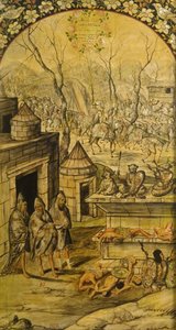 Hernan Cortes par Gonzalezin, Miguelin ja Juanin Meksikon valloitus (aktiivinen 1600-luvun loppu). Öljy puulle, koko: 97x53
