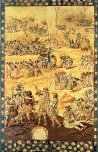 Hernando Cortesin (1485-1547) ja Montezuman (1466-1520) kohtaaminen, Meksikon valloituksen paneeli