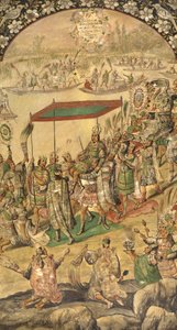 Montezuman tervetuloa (Moctezuma, Moteuczoma, Motecuhzoma) (1466-1520) - Hernan Cortes par Gonzalezin, Miguelin ja Juanin Meksikon valloitus (aktiivinen 1600-luvun loppu). Öljy puulle, koko: 97x53 tekijältä Miguel and Juan Gonzalez