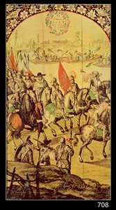 Hernando Cortesin (1485-1547) ja Montezuman (1466-1520) kohtaaminen 1698