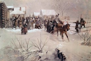 Tsaari Aleksanteri II (1818-1881) reki ylittää kylän lumen alla Mihaly von Zichyn (1827-1906) akvarelli 1800-luvun Pietari, Chateau de Peterhof