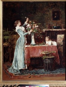 ""La kompozicion du bouquet"" (Kimpun säveltäminen) Keskiluokkainen (unkarilainen?) nainen valmistelee kukkakimpun, tyttärensä katsomassa häntä. Mihaly Munkacsyn (1844-1900) maalaus noin 1880 Pushkin-museo, Moskova tekijältä Mihály Munkácsy
