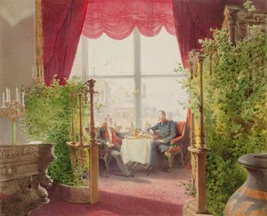 Keisari Aleksanteri II:n ja Vilhelm I:n aamiainen Talvipalatsissa, 1873. tekijältä Mihály Zichy