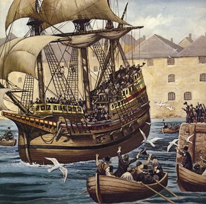 Westward Ho! Mayflower lähtee Plymouth Ho:sta 16. syyskuuta 1620 (värilitografia).