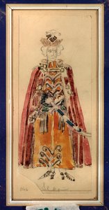 Valmisteleva puku Piotr Tšaikovskin (1840-1893) oopperaan "Mazepa" (P Tšaikovskin Mazepa-oopperan pukusuunnittelu) - Mihail Aleksandrovitš Vrubelin (Vrubel) (1856-1910) työ, kynä ja guassi paperille , Venäjän skenografista taidetta - St tekijältä Mikhail Aleksandrovich Vrubel