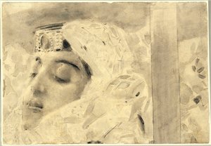 Tamara arkussa - Kuvitus Mihail Lermontovin (1814-1841) runosta "Demoni" - Mihail Aleksandrovich Vrubelin (Vrubel) (1856-1910) taideteos tekijältä Mikhail Aleksandrovich Vrubel